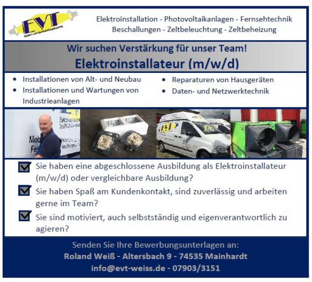 Job Anzeige: Elektroinstallateur (m/w/d)